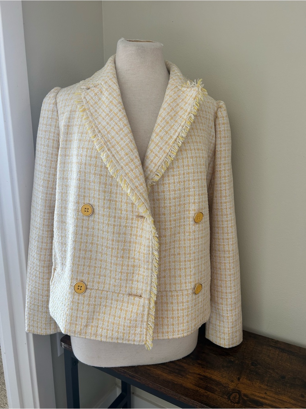 Classic Cream & Yellow Tweed Double-Breasted Jacket